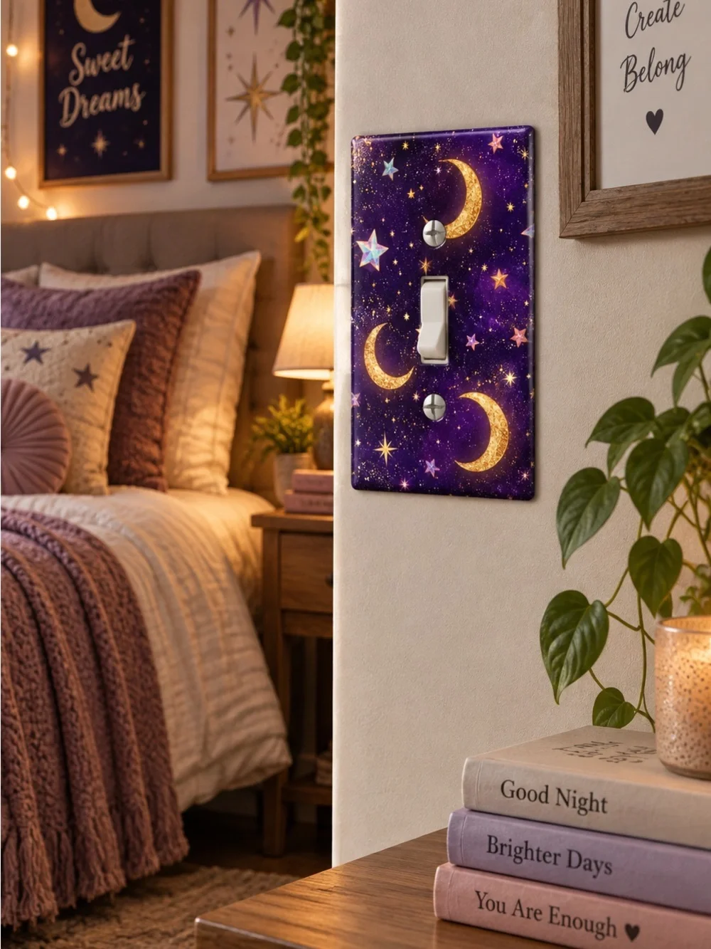 Handmade Purple Celestial Moon Stars Toggle Light Switch Cover Plate
